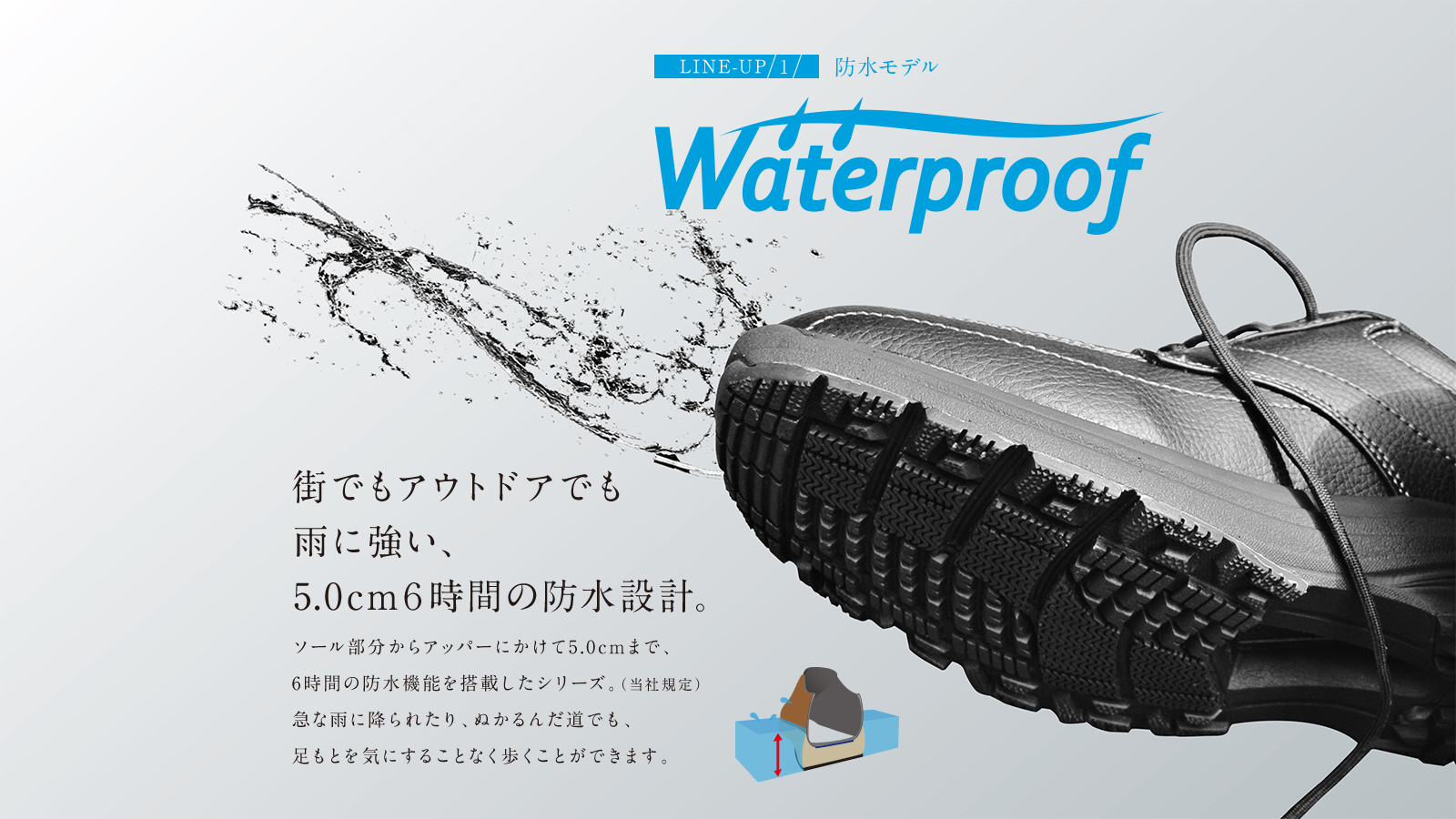 Waterproof 街でもアウトドアでも雨に強い、5.0cm6時間の防水設計。 ソール部分からアッパーにかけて5.0cmまで、6時間の防水機能を搭載したシリーズ。（当社規定）急な雨に振られたり、ぬかるんだ道でも、足もとを気にすることなく歩くことができます。